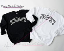 Load image into Gallery viewer, Hubby and Wifey Varsity Embroidered Crewneck, Wedding Gift Crewnecks , Couples Sweatshirts, Embroider Engagement Gift, Gifts for Newlyweds