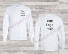 Load image into Gallery viewer, Front and Back Logo Long Sleeve Printed T-shirt, Your Logo Here Graphic T-shirts, Business Tees, Center Chest Logo, Add Your Logo