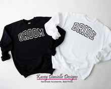 Load image into Gallery viewer, Bride and Groom Varsity Embroidered Crewneck, Wedding Gift Crewnecks , Couples Sweatshirts, Gifts for Newlyweds, Bridal Shower, Honeymoon
