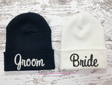 Load image into Gallery viewer, Bride and Groom Embroidered Beanies, Knit Wedding Beanie, Black and White Newlywed Beanie,  Husband and Wife, Trendy Aesthetic Beanie
