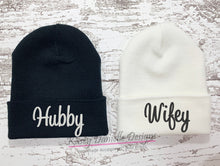 Load image into Gallery viewer, Hubby and Wifey Embroidered Beanies, Knit Wedding Beanie, Black and White Newlywed Beanie, Husband and Wife, Trendy Aesthetic Beanie