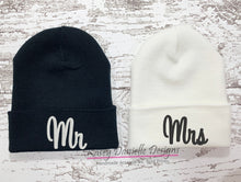 Load image into Gallery viewer, Mr and Mrs Embroidered Beanies, Knit Wedding Beanie, Black and White Newlywed Beanie, Husband and Wife, Trendy Aesthetic Beanie