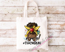Load image into Gallery viewer, Afro Messy Bun Teacher Life Tote Bag, Teacher Graphic Totes, Back to School Tote Bag, Educator Totes
