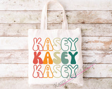 Load image into Gallery viewer, Personalized Retro Repeat Name Tote Bag, Custom Graphic Totes, Reusable Shopping Bag, Bride Tote, Maid of Honor Totes, Custom Text Totes
