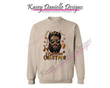 Load image into Gallery viewer, Sand colored crewneck sweatshirt with African American male. Text states have a melanin Christmas.