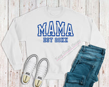 Load image into Gallery viewer, Mama Varsity Embroidered Crewneck, Mom Sweatshirts, Est date, Mother&#39;s Day Crewnecks, Mommy Personalized Sweatshirt, Gifts for Moms
