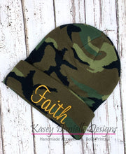 Load image into Gallery viewer, Custom Camo Knit Beanie, Faith Embroidered Beanies , Personalized Camouflage Name Beanie,  Trendy Aesthetic Fall Beanie,  Winter Beanie

