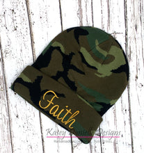 Load image into Gallery viewer, Custom Camo Knit Beanie, Faith Embroidered Beanies , Personalized Camouflage Name Beanie,  Trendy Aesthetic Fall Beanie,  Winter Beanie
