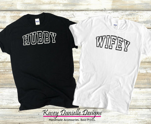 Hubby and Wife Varsity Embroidered T-shirts, Wedding Gift T-shirt, Couples Shirts, Bride Groom Tees, Engagement Shower, Gifts for Newlyweds