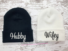 Load image into Gallery viewer, Hubby and Wifey Embroidered Beanies, Knit Wedding Beanie, Black and White Newlywed Beanie,  Husband and Wife, Trendy Aesthetic Beanie
