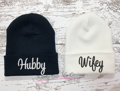 Hubby and Wifey Embroidered Beanies, Knit Wedding Beanie, Black and White Newlywed Beanie,  Husband and Wife, Trendy Aesthetic Beanie