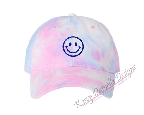 Happy Face Embroidered Tie Dye Baseball Cap, Cotton Candy Tie-Dye Dad Hat, Personalized Baseball Hats, Unstructured Hats, Aesthetic Dad Caps