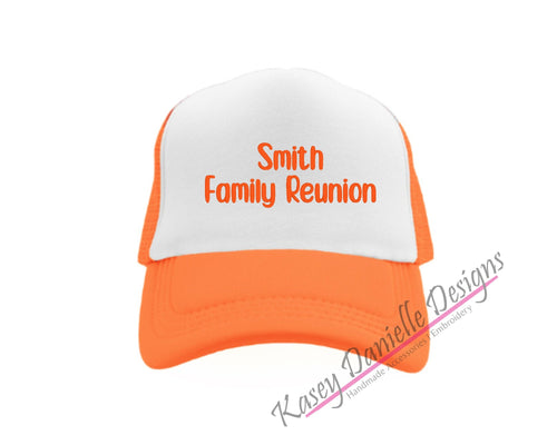 Family Reunion Embroidered Trucker Hat, Custom Family Name Trucker Cap, Last Name Mid Profile Personalized Hats