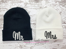 Load image into Gallery viewer, Mr and Mrs Embroidered Beanies, Knit Wedding Beanie, Black and White Newlywed Beanie,  Husband and Wife, Trendy Aesthetic Beanie
