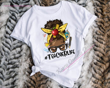 Load image into Gallery viewer, Afro Messy Bun Teacher Life Shirt, Teacher Graphic T-Shirt,  Back to School T-shirts, Educator Unisex Tees
