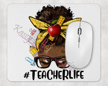 Load image into Gallery viewer, Afro Messy Bun Teacher Life Mouse Pad, Teacher Graphic Mouse Pads, Back to School Mousepad, Educator Mousepads
