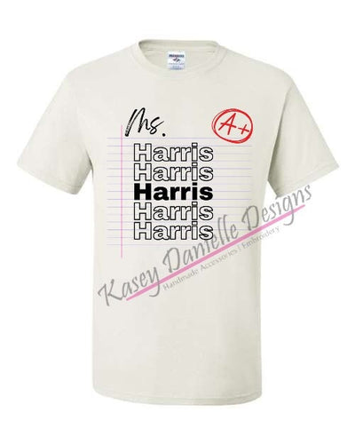 Custom Teacher Shirt with Lined Paper, Personalized Last Name T-shirt for Teachers, Back to School, Educator Unisex Tees