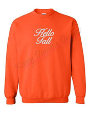 Load image into Gallery viewer, Orange crewneck sweatshirt with Hello Fall embroidered in white thread
