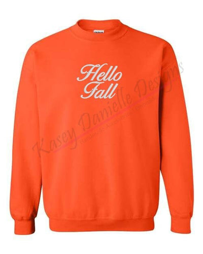 Orange crewneck sweatshirt with Hello Fall embroidered in white thread