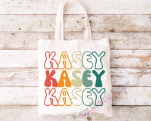 Load image into Gallery viewer, Personalized Retro Repeat Name Tote Bag, Custom Graphic Totes, Reusable Shopping Bag, Bride Tote, Maid of Honor Totes, Custom Text Totes
