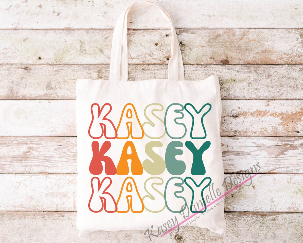 Personalized Retro Repeat Name Tote Bag, Custom Graphic Totes, Reusable Shopping Bag, Bride Tote, Maid of Honor Totes, Custom Text Totes